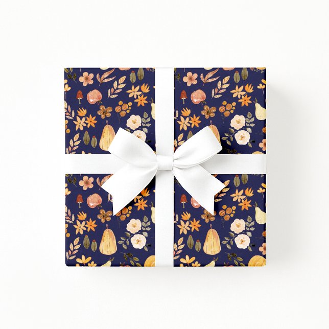 Autumn Pumpkins Navy Fall Wrapping Paper (Creator Uploaded)