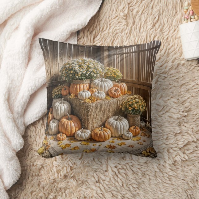 Autumn Pumpkins On A Hay Bale Cushion (Blanket)