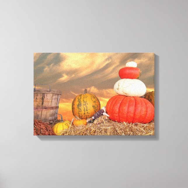 autumn pumpkins on hay baleswith sunset sky canvas print (Front)