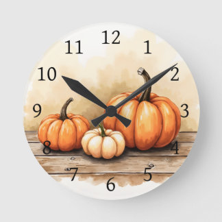 Autumn Pumpkins On Wooden Table Round Clock