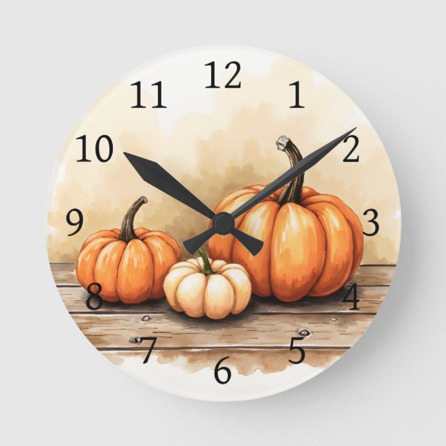 Autumn Pumpkins On Wooden Table Round Clock (Front)