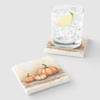 Autumn Pumpkins On Wooden Table Stone Coaster