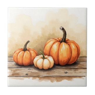Autumn Pumpkins On Wooden Table Tile