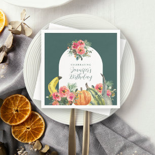 Autumn Pumpkins Pink Floral Birthday Party Napkin