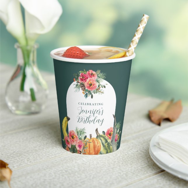 Autumn Pumpkins Pink Floral Birthday Party Paper Cups (Insitu)