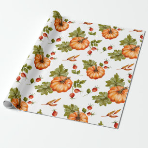 Autumn Pumpkins, Red Berries and Leaves Wrapping Paper
