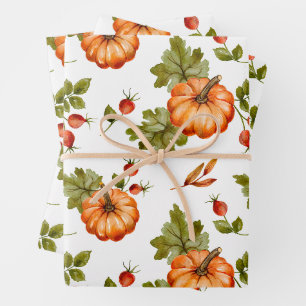 Autumn Pumpkins, Red Berries and Leaves  Wrapping Paper Sheet