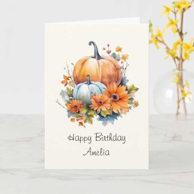 Autumn Pumpkins with Flowers and Foliage Birthday Card (Yellow Flower)