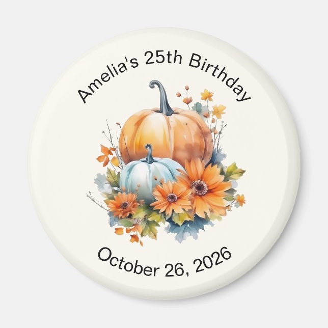 Autumn Pumpkins with Flowers and Foliage Birthday Magnet (Front)