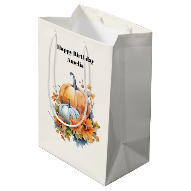 Autumn Pumpkins with Flowers and Foliage Birthday Medium Gift Bag (Back Angled)