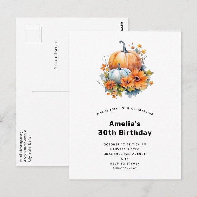 Autumn Pumpkins with Flowers and Foliage Birthday Postcard (Front/Back)