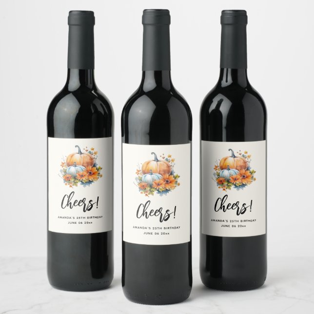 Autumn Pumpkins with Flowers and Foliage Birthday Wine Label (Bottles)