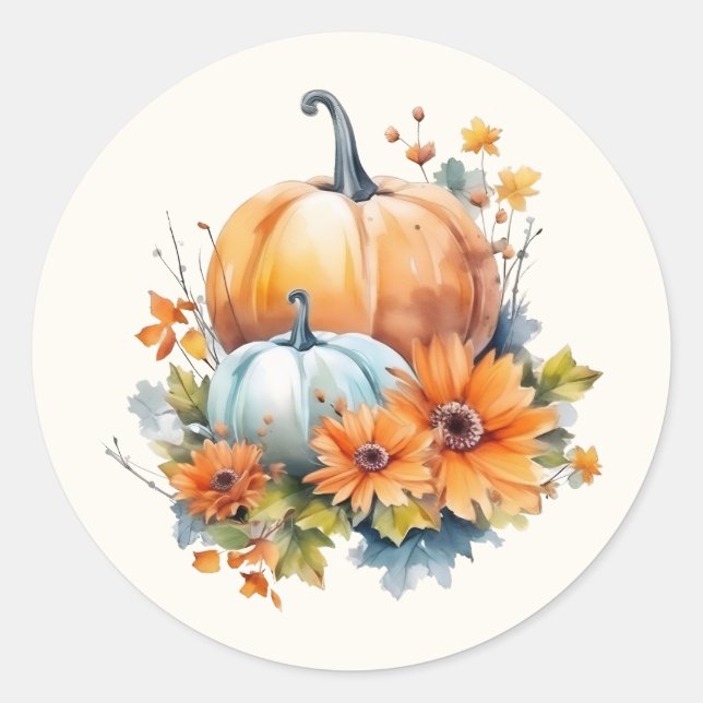 Autumn Pumpkins with Flowers and Foliage Classic Round Sticker (Front)