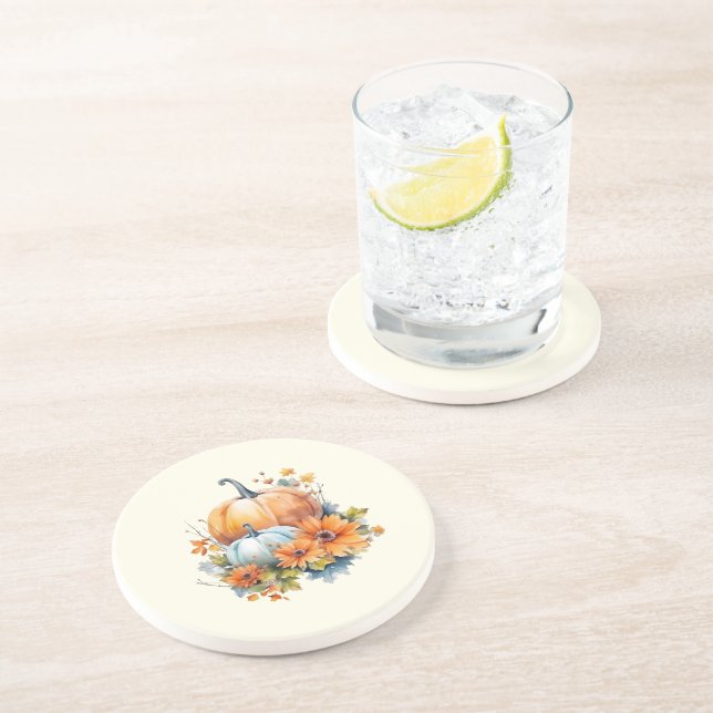 Autumn Pumpkins with Flowers and Foliage Coaster (Side)