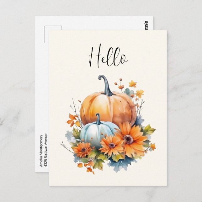 Autumn Pumpkins with Flowers and Foliage Hello Postcard (Front/Back)