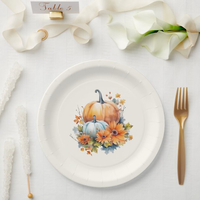 Autumn Pumpkins with Flowers and Foliage Paper Plate (Wedding)