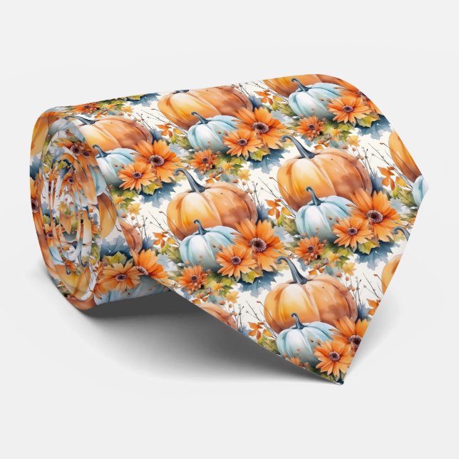 Autumn Pumpkins with Flowers and Foliage Pattern Tie (Rolled)
