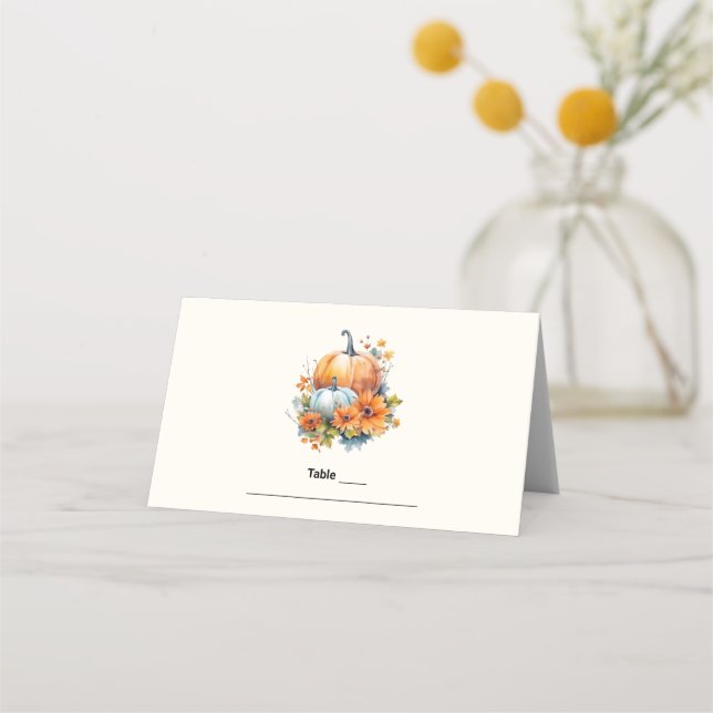Autumn Pumpkins with Flowers and Foliage Place Card (Front)