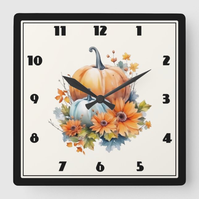 Autumn Pumpkins with Flowers and Foliage Square Wall Clock (Front)