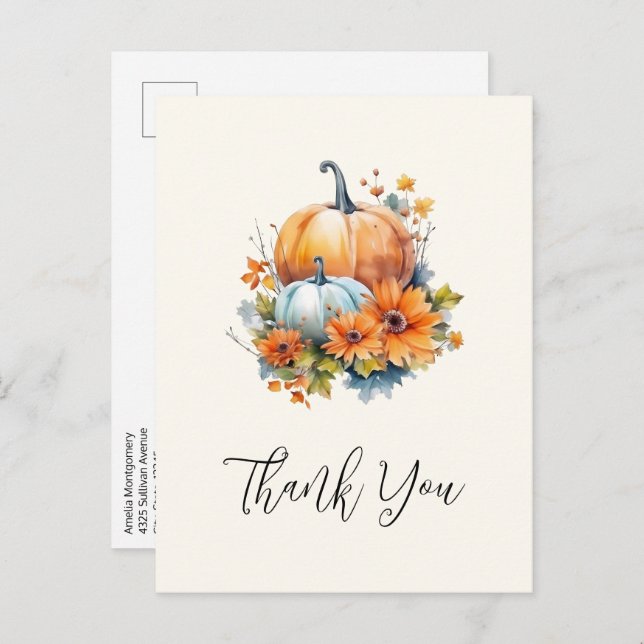 Autumn Pumpkins with Flowers and Foliage Thank You Postcard (Front/Back)