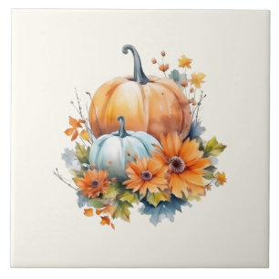 Autumn Pumpkins with Flowers and Foliage Tile