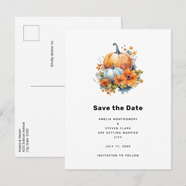 Autumn Pumpkins with Flowers and Foliage Wedding Announcement Postcard (Front/Back)