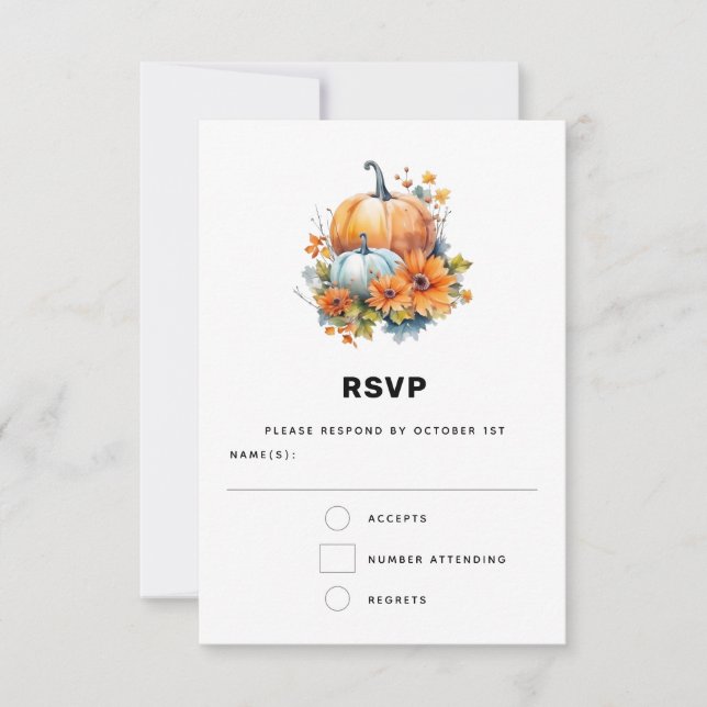 Autumn Pumpkins with Flowers and Foliage Wedding RSVP Card (Front)