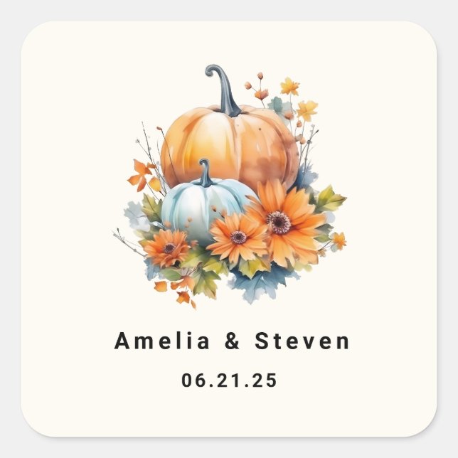 Autumn Pumpkins with Flowers and Foliage - Wedding Square Sticker (Front)