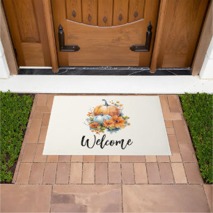 Autumn Pumpkins with Flowers and Foliage Welcome Doormat