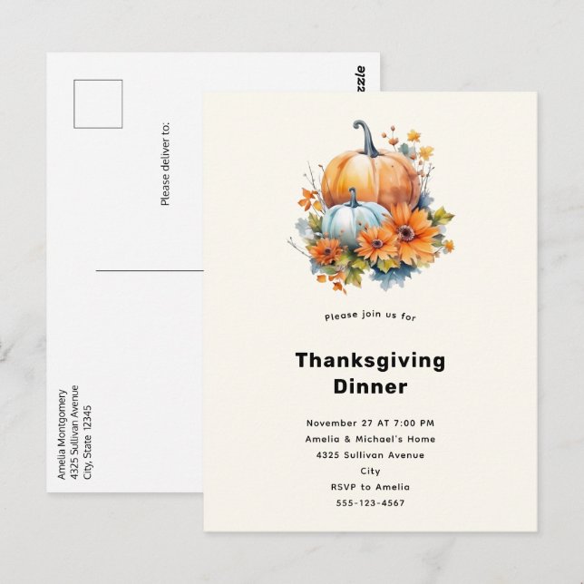 Autumn Pumpkins with Flowers Thanksgiving Dinner Postcard (Front/Back)