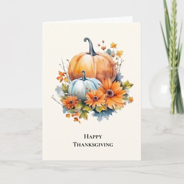 Autumn Pumpkins with Flowers Thanksgiving Holiday Card (Front)