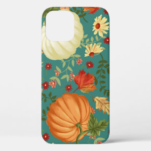 Autumn pumpkins with teal background pattern. Mapl iPhone 12 Case