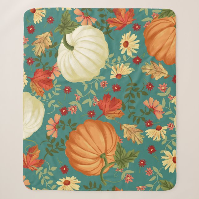 Autumn pumpkins with teal background pattern. Mapl Sherpa Blanket (Front)