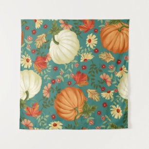 Autumn pumpkins with teal background pattern. Mapl Tapestry