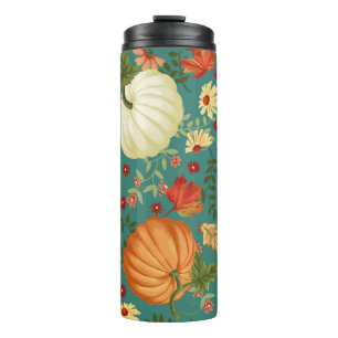 Autumn pumpkins with teal background pattern. Mapl Thermal Tumbler