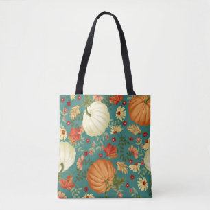 Autumn pumpkins with teal background pattern. Mapl Tote Bag