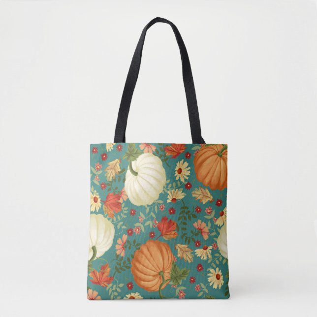 Autumn pumpkins with teal background pattern. Mapl Tote Bag (Front)