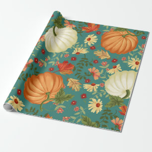 Autumn pumpkins with teal background pattern. Mapl Wrapping Paper