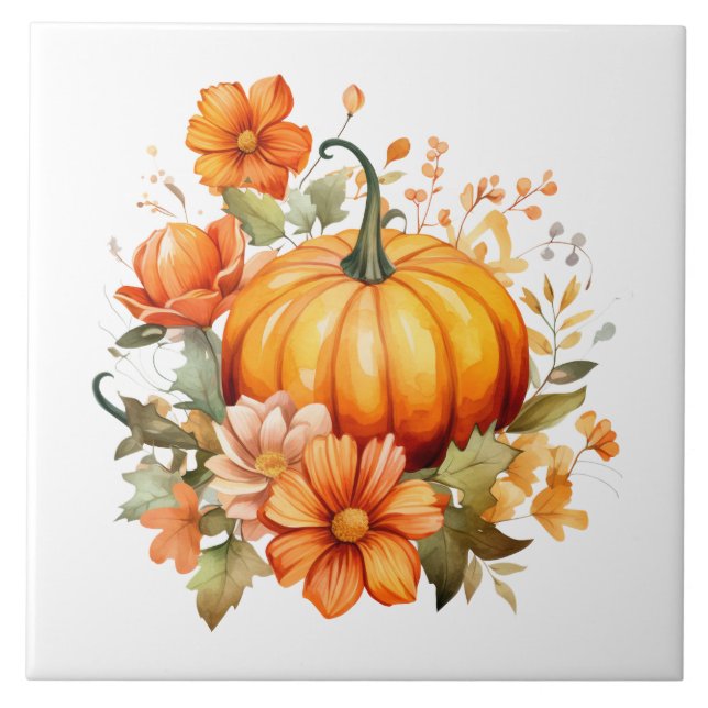 Autumn Punpkin Floral Ceramic Tile (Front)
