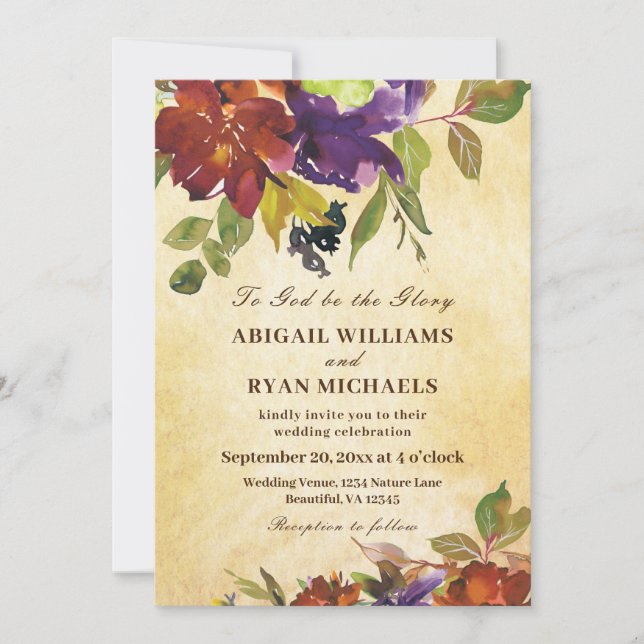 Autumn Purple Burnt Orange Christian Wedding Invitation (Front)