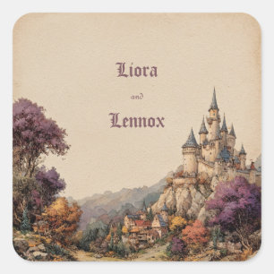 Autumn Purple Castle Village Storybook Wedding Square Sticker