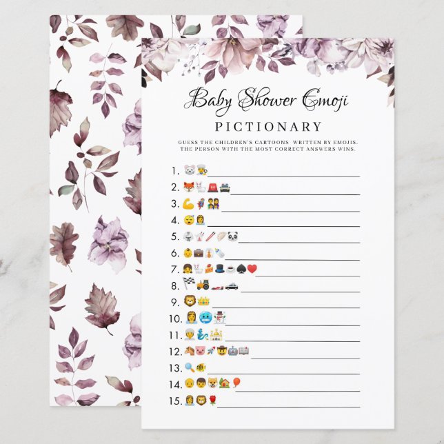 Autumn Purple Flowers Baby Shower Emoji Game (Front/Back)