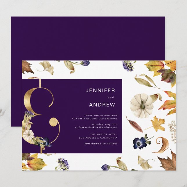 autumn purple foliage and floral Wedding Invitatio Invitation (Front/Back)