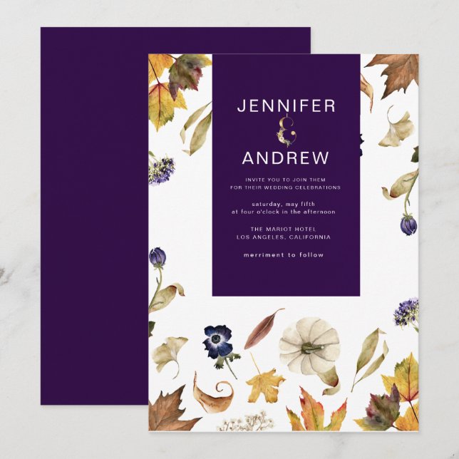 autumn purple foliage and floral Wedding Invitation (Front/Back)