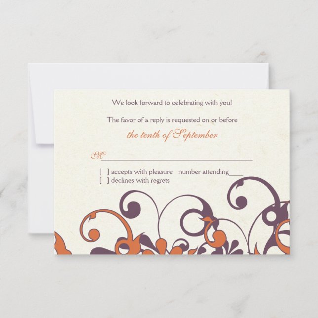 Autumn Purple Orange Floral Wedding RSVP Reply Card (Front)
