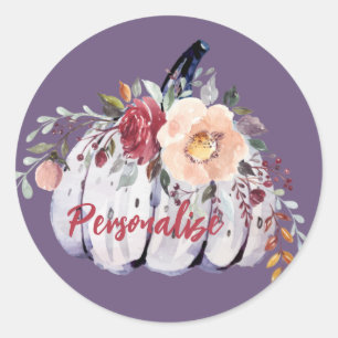 Autumn purple pumpkin grey floral watercolor classic round sticker