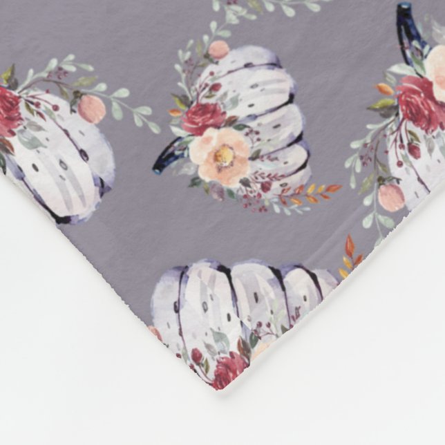 Autumn purple pumpkin grey floral watercolor  fleece blanket (Corner)