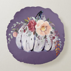 Autumn purple pumpkin grey floral watercolor  round cushion