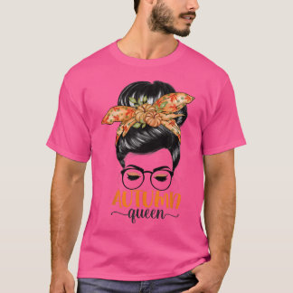 Autumn Queen Pumpkin Messy Bun Fall Leave Maple Vi T-Shirt