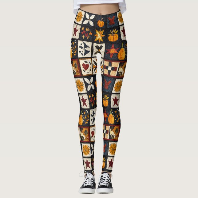Autumn Quilt Block Pattern | Rustic Harvest Leggings (Front)